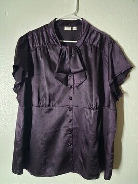 Cato Purple Satin Tie Neck Button Down Blouse 22W